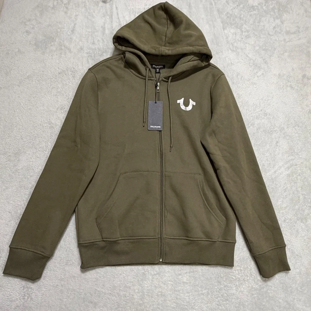 True Religion Big HS Foil Zip Hoodie Mens M Kalamata Olive Green Loungewear